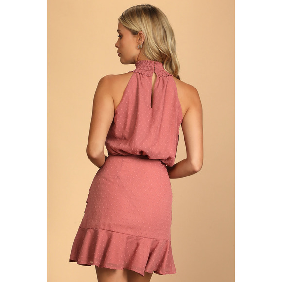 Lulus Mini Dress Large Marsala Pink Halter Ruched Sleeveless Place and Time - Picture 5 of 14